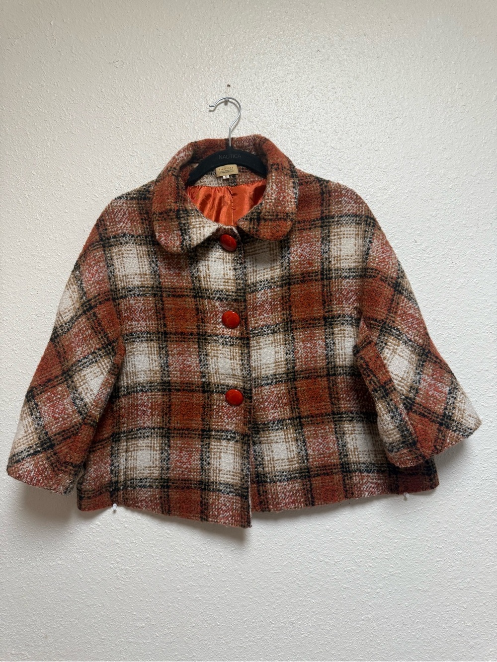 Piko 1988 Girls Plaid Cape Jacket in Orange, Cream & Black